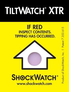A Yellow ShockWatch TiltWatch XTR With Tilt Indicator And Instruction: If Red Expect Content Tipping Has Occurred